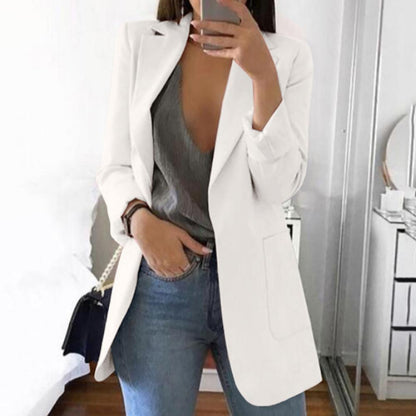 Summer Women Jacket Lapel All match Open Front Stylish Office Lady Slim Suit Overcoat Solid Color Long Blazer