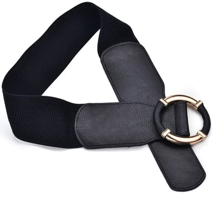 Women’s Elastic Stretch Wide Waist Belts w Wrapped Gold Circle Buckle