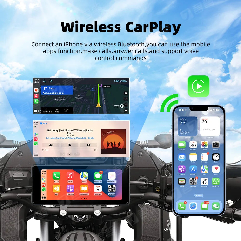 7 Inch Big Screen Wireless Carplay Waterproof IP67 ABS Material with Front and Back Dash Camera for Motorcycle and Car