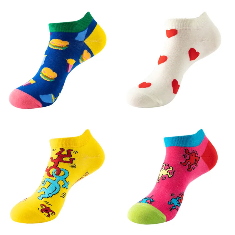 4pairs Funny animal Combed Cotton Fashion Hip Hop Man woman Oil Painting Socks Harajuku Skateboard outer space Happy love Socks