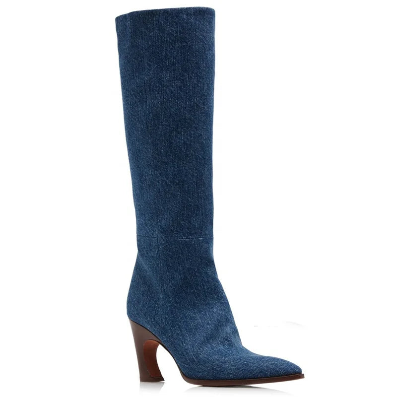 Fancy Design Heels Snake Print Women Leather Knee High Boots Dark Denim Big Size 44 Long Booties Custom Logo Ladies Shoes