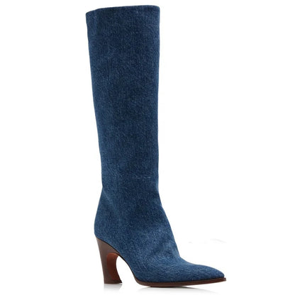 Fancy Design Heels Snake Print Women Leather Knee High Boots Dark Denim Big Size 44 Long Booties Custom Logo Ladies Shoes