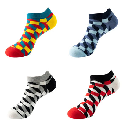 4 pairs Men's And Women's Latest Design Boat Socks Short Summer Socks Quality Business Geometric Lattice Colorful  Cotton Socks