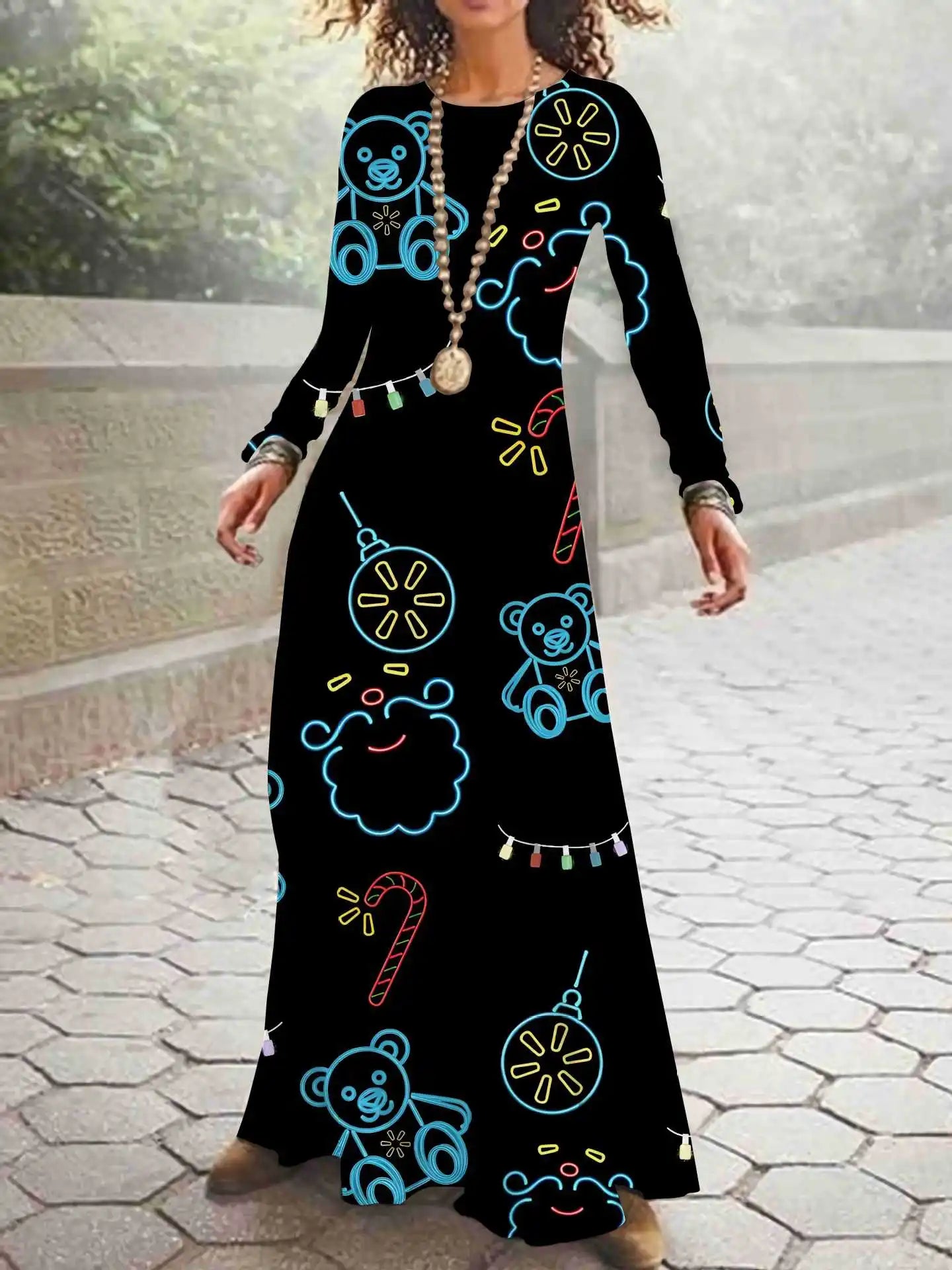 Print on Demand New Autumn and Winter Long Sleeved Christmas 3D Digital Printed Dress
