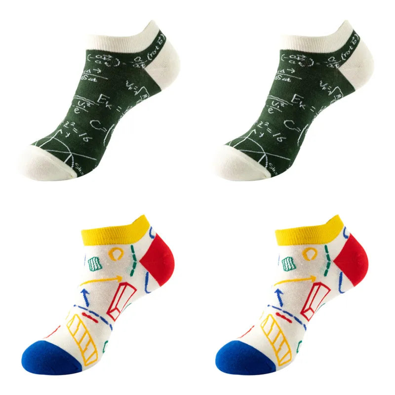 4 pairs Men's And Women's Latest Design Boat Socks Short Summer Socks Quality Business Geometric Lattice Colorful  Cotton Socks