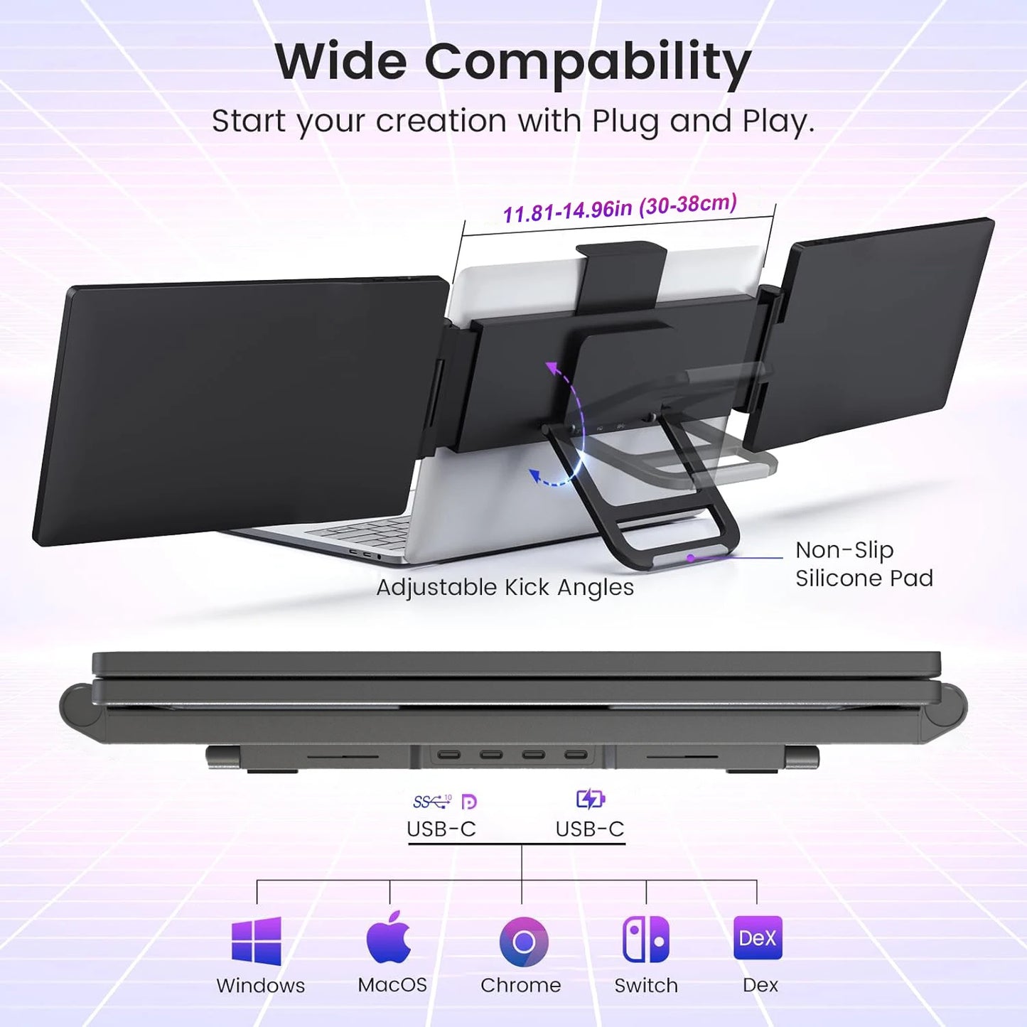 SIBOLAN 14 Inch Triple Portable Monitor 1920*1200P IPS LCD Tri Screen Extender Laptop Patent Design Dual Type-c USB 3.0 Display