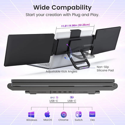 SIBOLAN 14 Inch Triple Portable Monitor 1920*1200P IPS LCD Tri Screen Extender Laptop Patent Design Dual Type-c USB 3.0 Display
