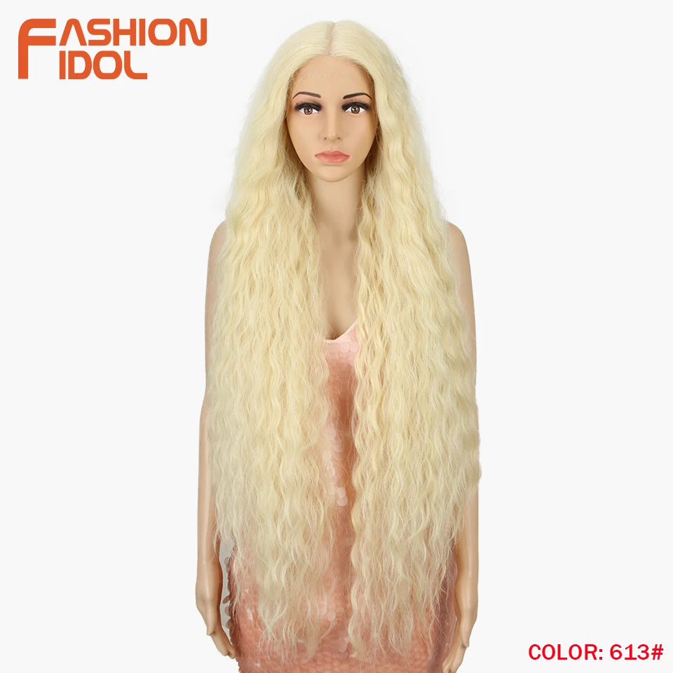 FASHION IDOL 42" Loose Wave Lace Front Wig Hair Synthetic Wigs For Women Ombre Blonde Water Wavy Long Curly Hair Wig Cosplay