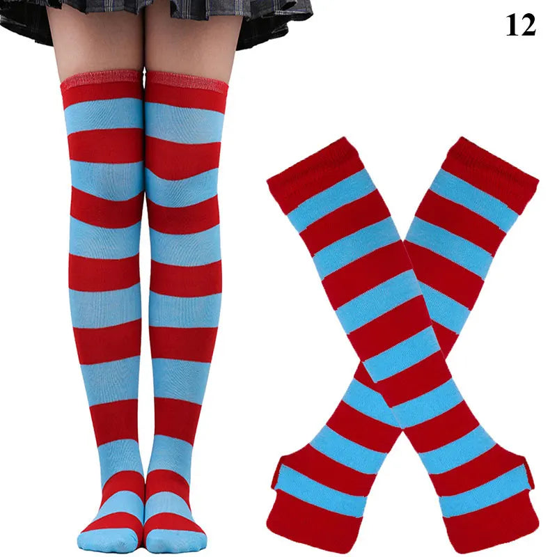 2Pair/Set Women Gothic Punk Over Knee Long Stripe Socks Girl Arm Sleeve Gloves Thigh High Cotton Socks Sweet Cute Christmas Gift