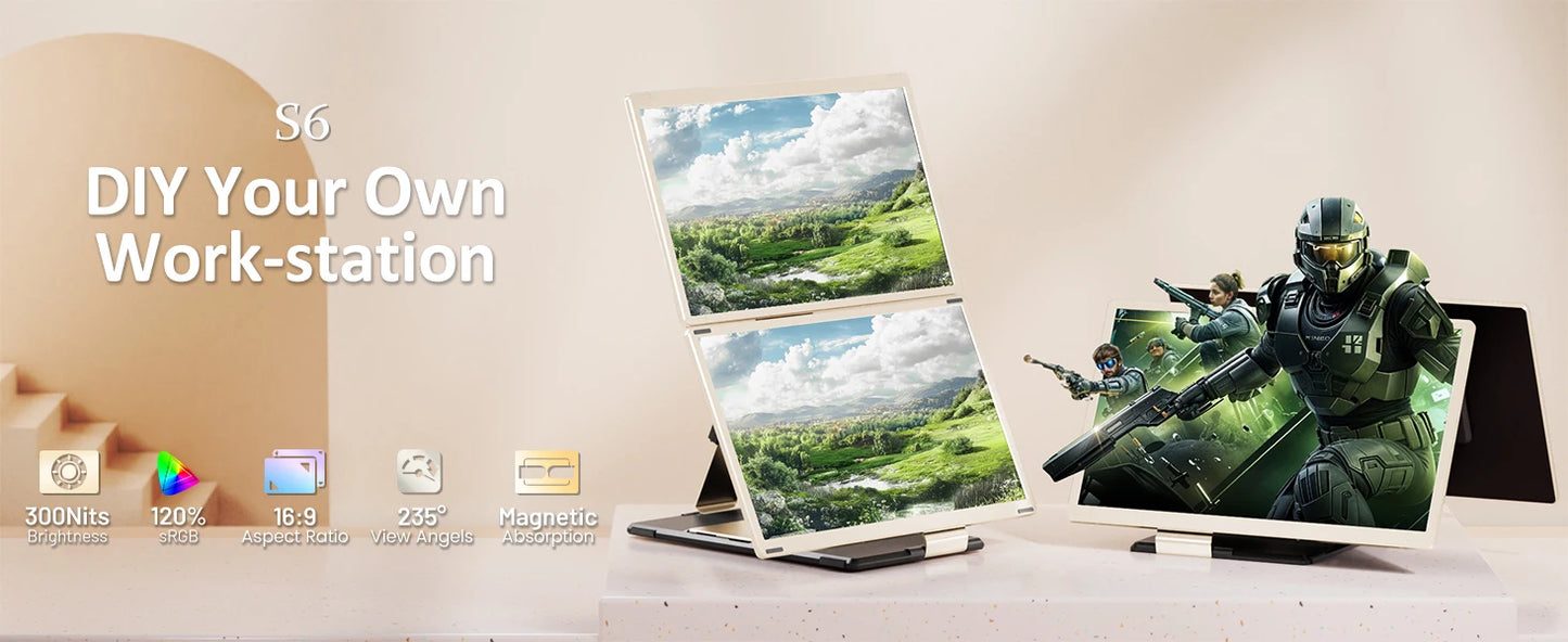 S6 OEM 15.6" Dual Portable Monitors Laptop Screen Extension Portable Tri Screen Monitor for Laptop Triple Laptop Screen Extender
