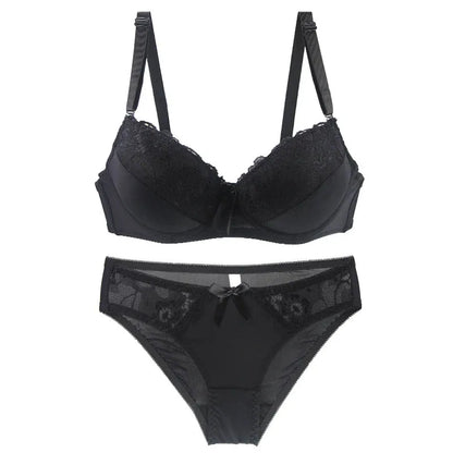 2021 New Women Push Up Bra Sets Intimates Lace Thongs Underwear Solid Bow 70-105 BCDE Cup Female Plus Size Lingerie
