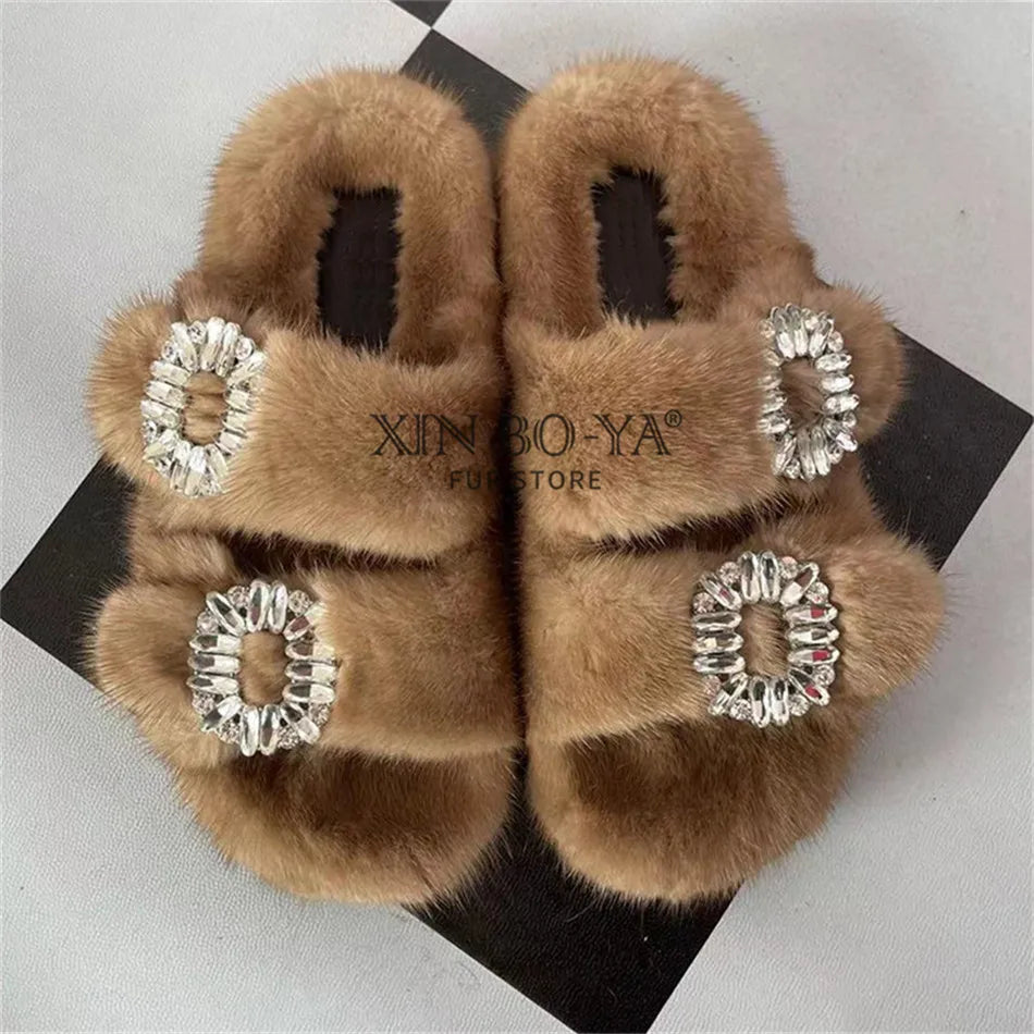 Summer Women Mink Fur Slippers Woman Luxury 2026 Women's Sandals Outdoor Fashion Casual Shoes Fur Mule Shoes Opentoed Slides