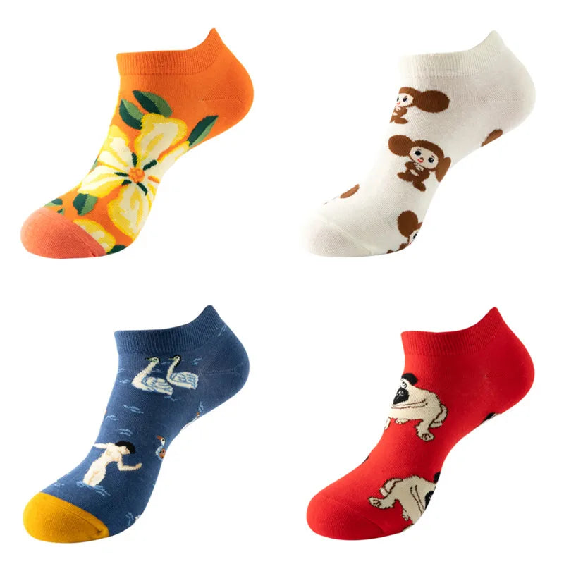 4pairs Funny animal Combed Cotton Fashion Hip Hop Man woman Oil Painting Socks Harajuku Skateboard outer space Happy love Socks