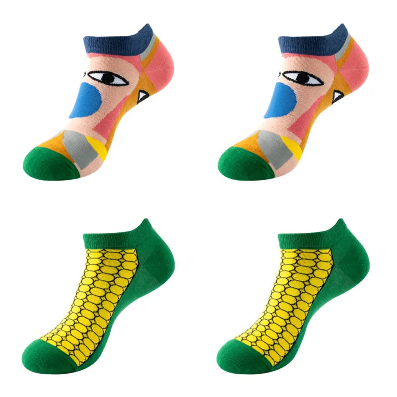 4 pairs Men's And Women's Latest Design Boat Socks Short Summer Socks Quality Business Geometric Lattice Colorful  Cotton Socks