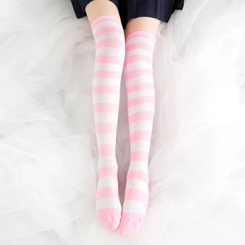Cute Pink Blue Lolita Striped Stockings For Women Lovely School Girls Knee High Long Stockings Cosplay Anime Student Socks