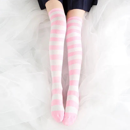 Cute Pink Blue Lolita Striped Stockings For Women Lovely School Girls Knee High Long Stockings Cosplay Anime Student Socks