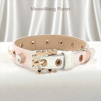 Luxury & Cute Leather Rivet Solid Beaded Pet Supplies Collar Leash & Neck Ring for Small & Medium Dogs