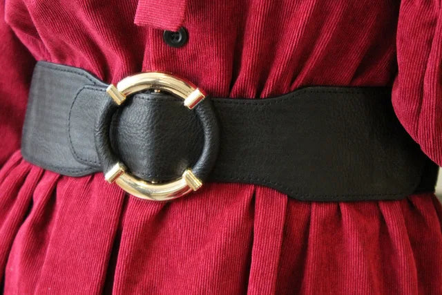 Women’s Elastic Stretch Wide Waist Belts w Wrapped Gold Circle Buckle