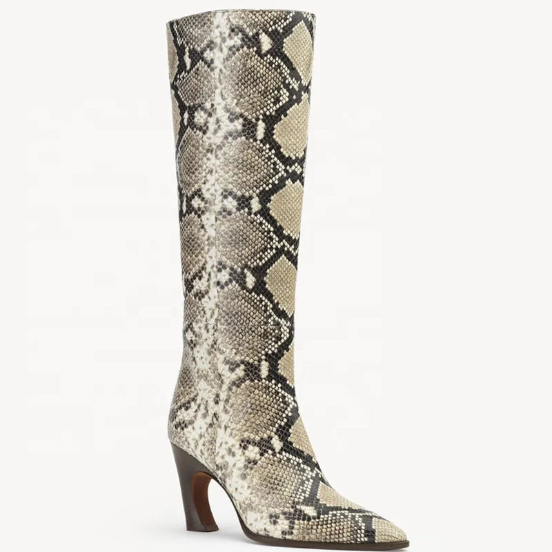 Fancy Design Heels Snake Print Women Leather Knee High Boots Dark Denim Big Size 44 Long Booties Custom Logo Ladies Shoes