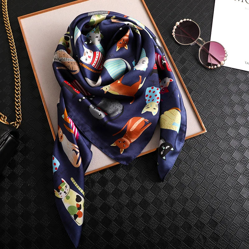Spring and summer NEW Luxury Brand 90x90cm Silk Square Scarf Women Tie Hairband Cat printed Scarves Female Foulard scarf stores
