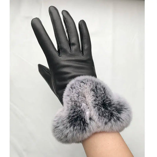 Women Winter Genuine Sheepskin leather Glove With Rex Rabbit Fur Cuff Warm Winter Female Genuine Leather Gloves  Hand Warmer