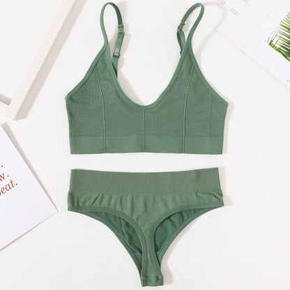Women Bra Set Seamless Bra V Neck Tops High Waist Thongs Underwear Bralette Comfort Wire Free Brassiere Lingerie Set
