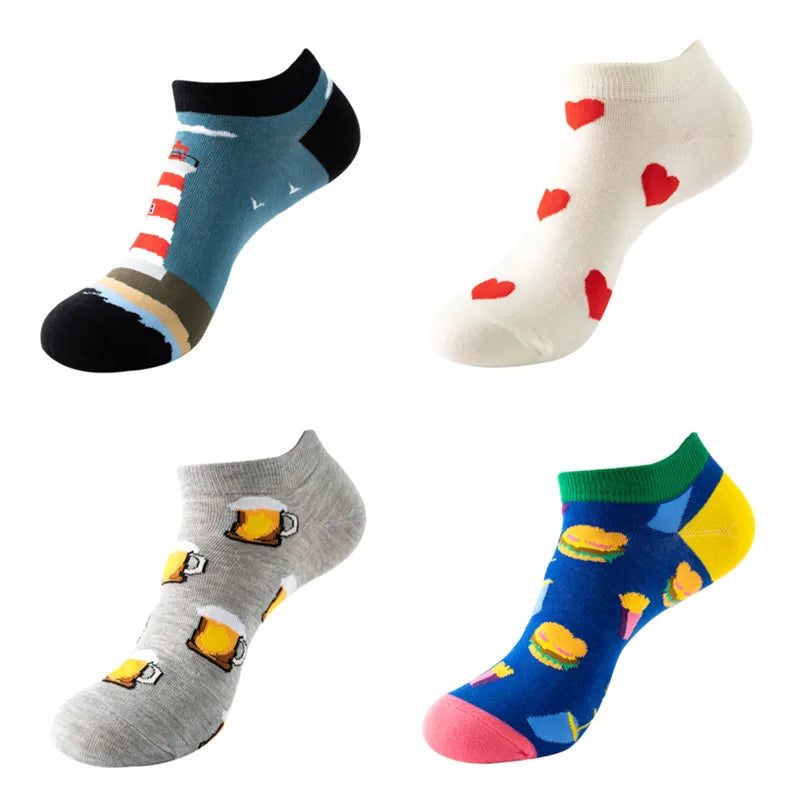 4pairs Funny animal Combed Cotton Fashion Hip Hop Man woman Oil Painting Socks Harajuku Skateboard outer space Happy love Socks
