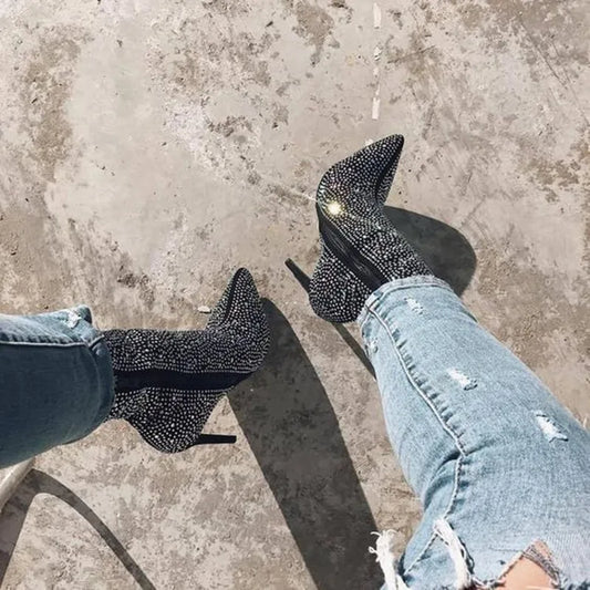 Crystal Thin High Heel Ankle Boots for Women Sexy Pointed Toe Short Boots Side Zipper Fashion Ladies Shoes