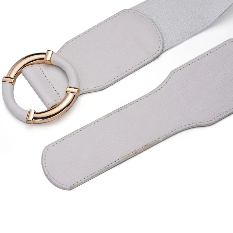 Women’s Elastic Stretch Wide Waist Belts w Wrapped Gold Circle Buckle