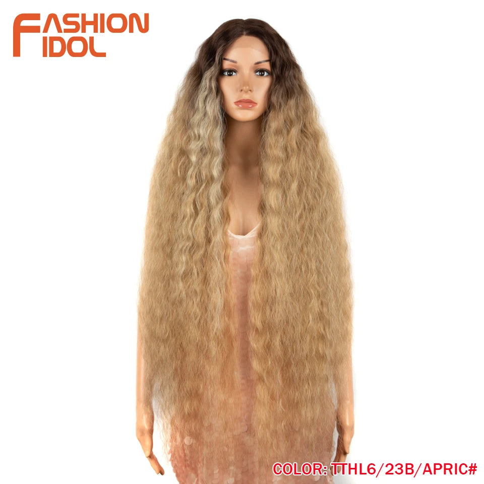 FASHION IDOL 42" Loose Wave Lace Front Wig Hair Synthetic Wigs For Women Ombre Blonde Water Wavy Long Curly Hair Wig Cosplay