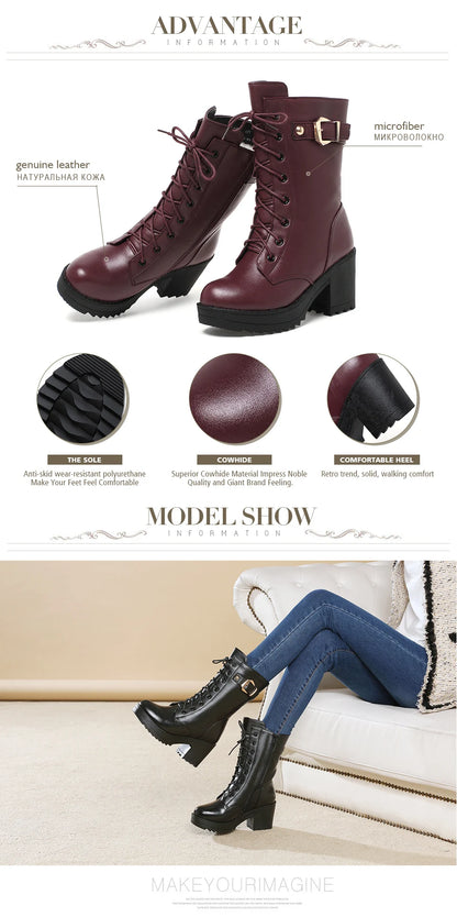 2025 Winter Leather Women Winter Boots Thick Wool Warm Women High-heeled Genuine Boot High-quality Female Snow Boots Women Shoes