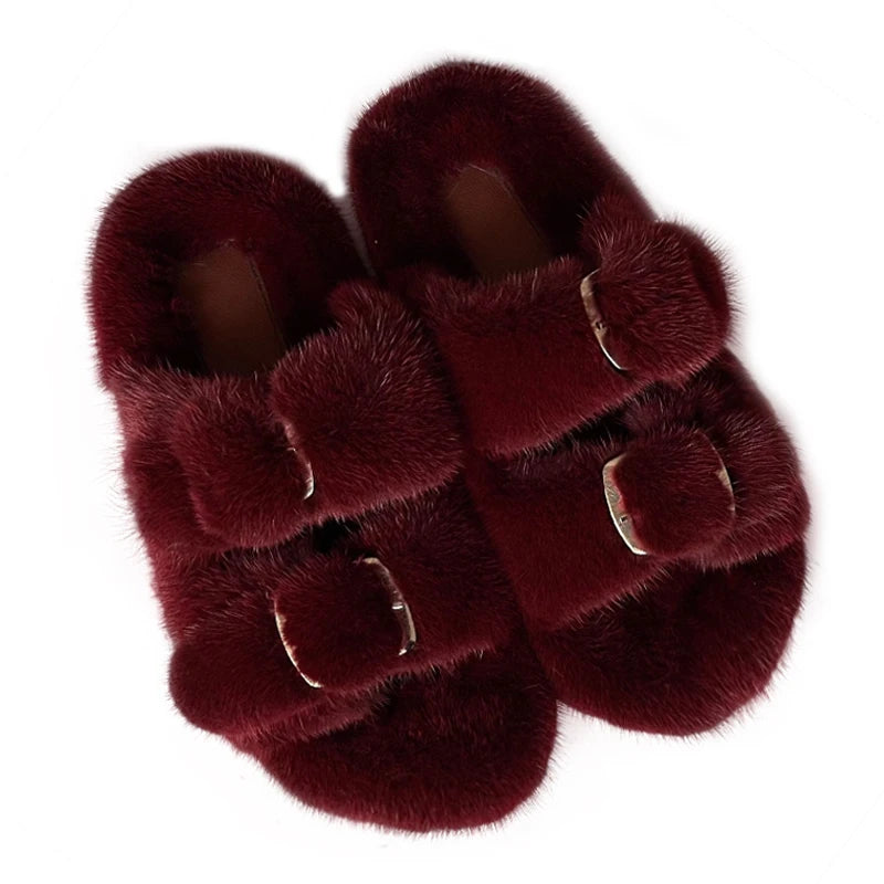 Wholesale Fashion Custom Winter Warm Luxury Fur Slippers Real Mink Fur Slides for Women Ladies Shoes