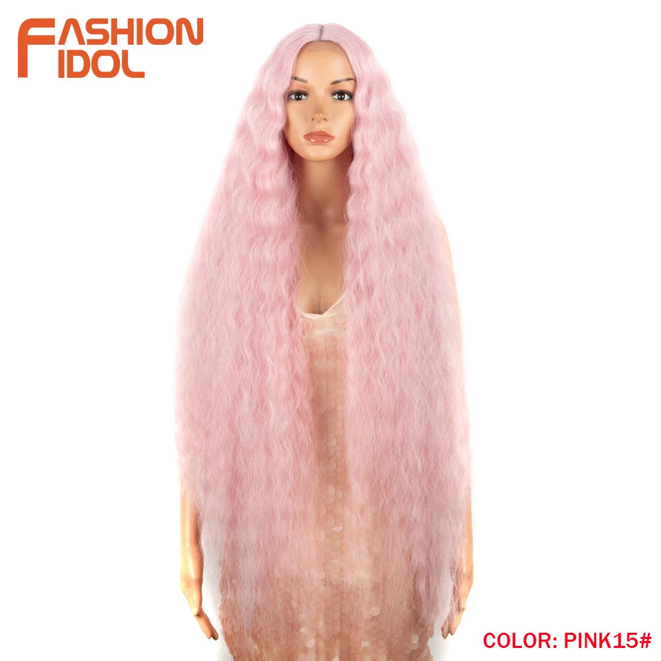 FASHION IDOL 42" Loose Wave Lace Front Wig Hair Synthetic Wigs For Women Ombre Blonde Water Wavy Long Curly Hair Wig Cosplay