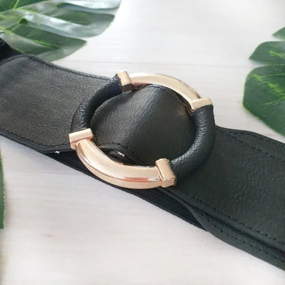 Women’s Elastic Stretch Wide Waist Belts w Wrapped Gold Circle Buckle
