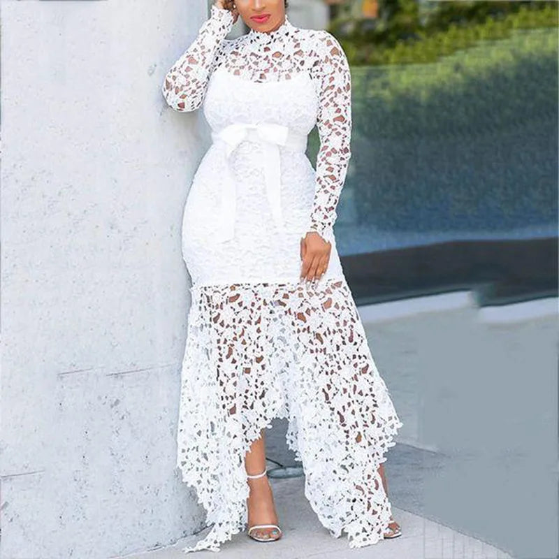 Top Seller Hollow Mesh Sexy Lace Long Sleeve Maxi Dresses Women Plus Size Dress Ladies Lace Decorated 2 Pieces Dress Big Sizes