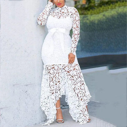 Top Seller Hollow Mesh Sexy Lace Long Sleeve Maxi Dresses Women Plus Size Dress Ladies Lace Decorated 2 Pieces Dress Big Sizes