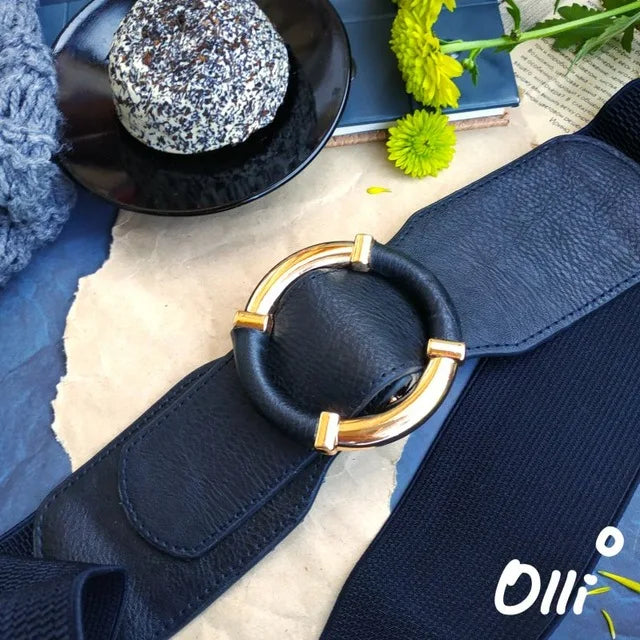 Women’s Elastic Stretch Wide Waist Belts w Wrapped Gold Circle Buckle