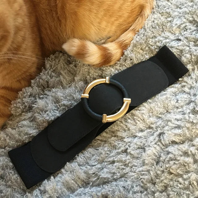Women’s Elastic Stretch Wide Waist Belts w Wrapped Gold Circle Buckle