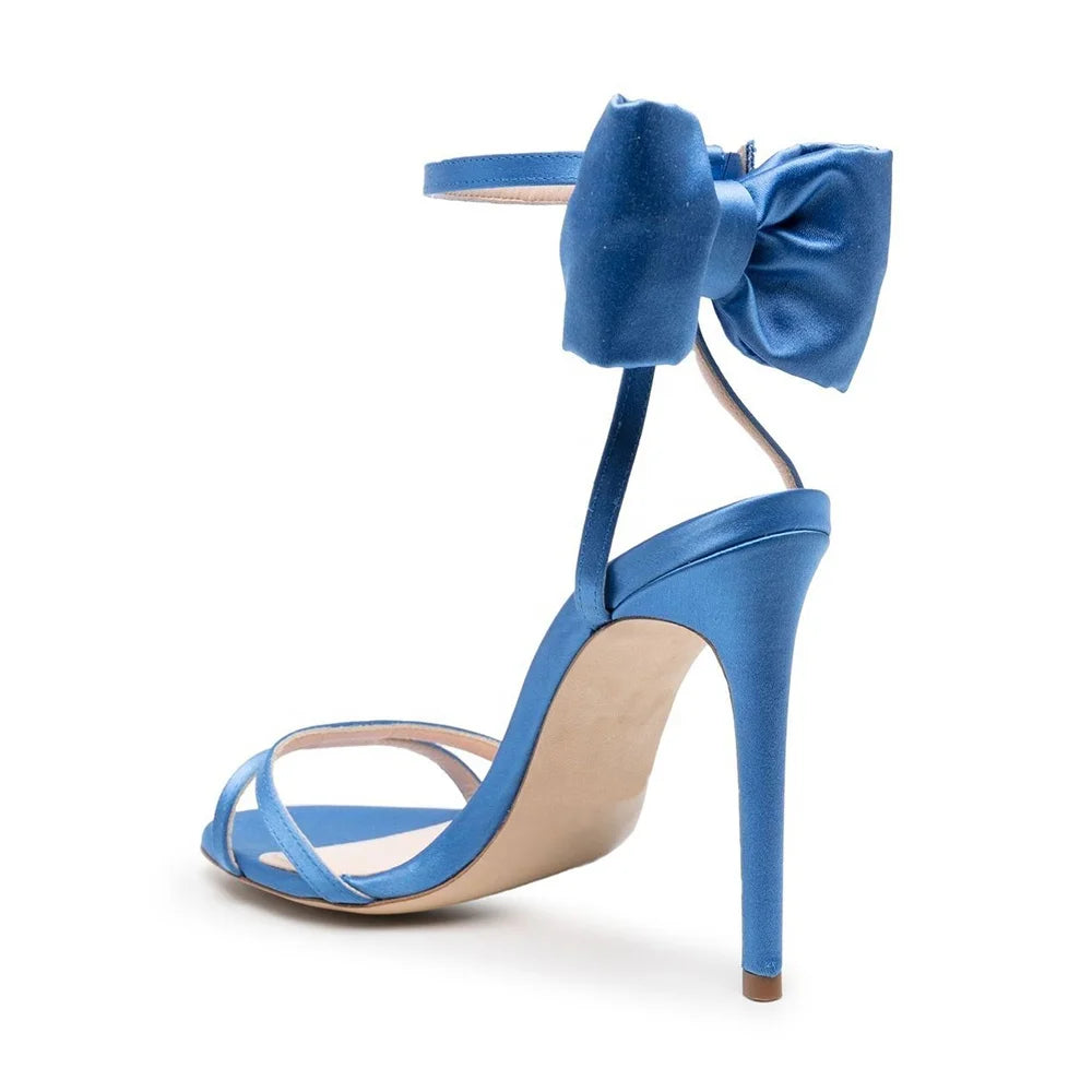 Plus Size Party Ladies Shoes Blue Bow Tie Open Toe Ankle Strap High Heels Stiletto Heel Summer Sandals Women