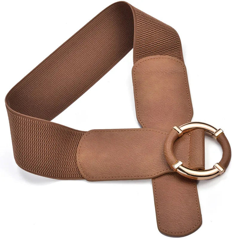 Women’s Elastic Stretch Wide Waist Belts w Wrapped Gold Circle Buckle