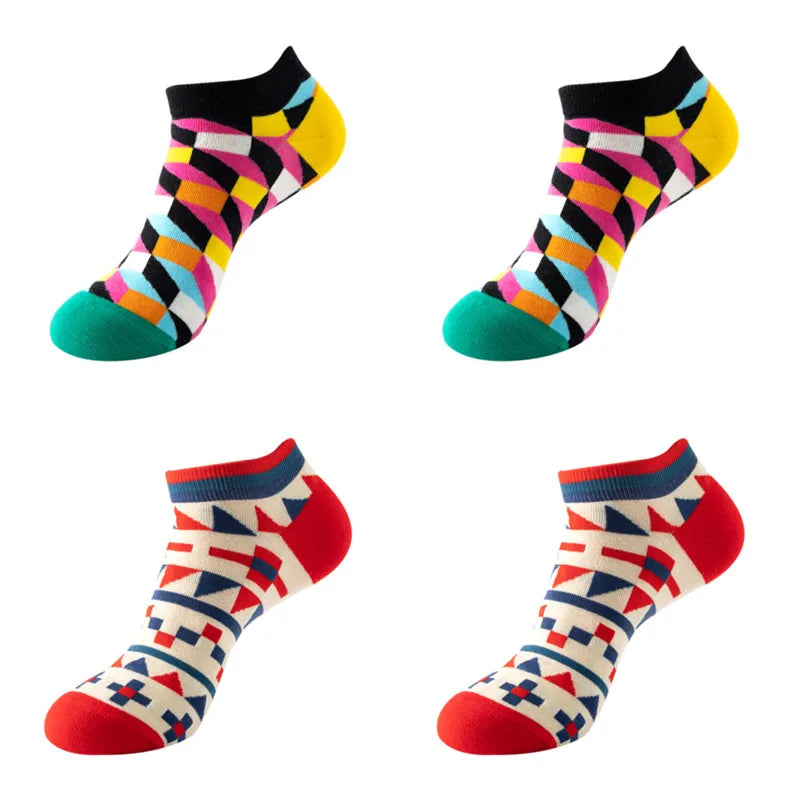 4 pairs Men's And Women's Latest Design Boat Socks Short Summer Socks Quality Business Geometric Lattice Colorful  Cotton Socks