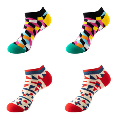 4 pairs Men's And Women's Latest Design Boat Socks Short Summer Socks Quality Business Geometric Lattice Colorful  Cotton Socks