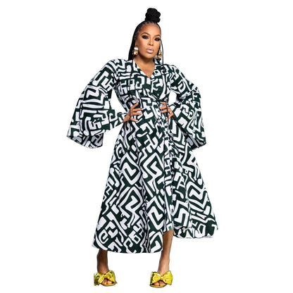 N8038 Cross-border Large-sized African Women's Clothing Autumn New Style Lace-up Irregular Dress With Large Swing Long-sleeved