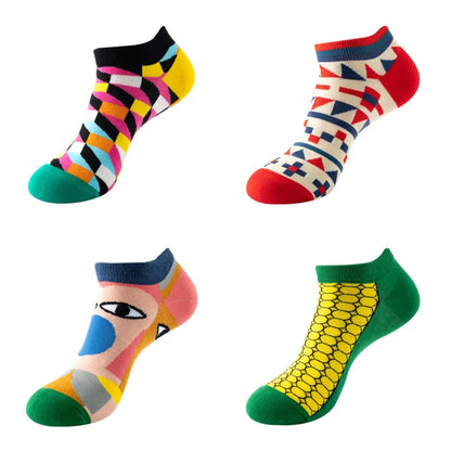 4 pairs Men's And Women's Latest Design Boat Socks Short Summer Socks Quality Business Geometric Lattice Colorful  Cotton Socks