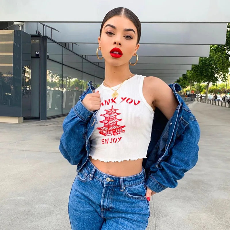 Knitting Print O Neck Off Shoulder Tank Top Summer Women Casual Slim Streetwear Crop Top Female Vacation Clothes Top