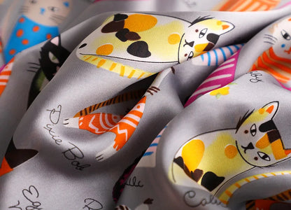 Spring and summer NEW Luxury Brand 90x90cm Silk Square Scarf Women Tie Hairband Cat printed Scarves Female Foulard scarf stores