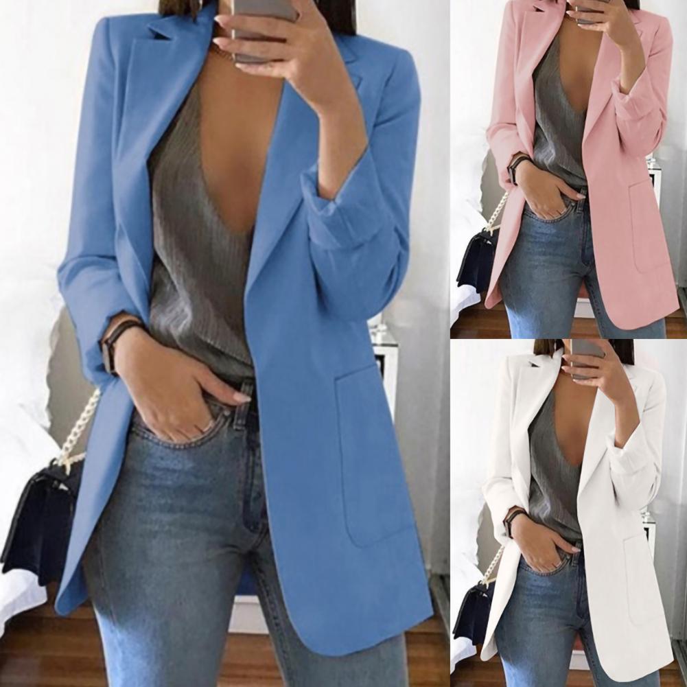 Summer Women Jacket Lapel All match Open Front Stylish Office Lady Slim Suit Overcoat Solid Color Long Blazer