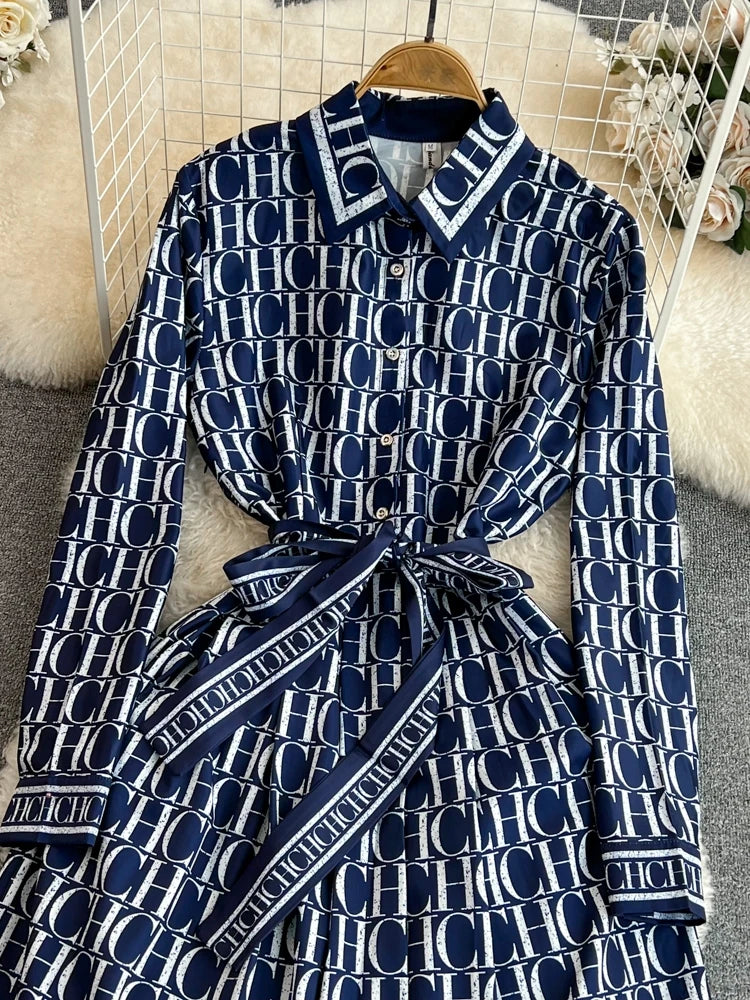 Autumn Korean Version Mature Style Retro Elegant Turtleneck Ultra High Waist Waist-Cinching Slimming Printed BASICS Shirt Dress