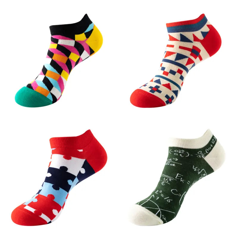 4 pairs Men's And Women's Latest Design Boat Socks Short Summer Socks Quality Business Geometric Lattice Colorful  Cotton Socks