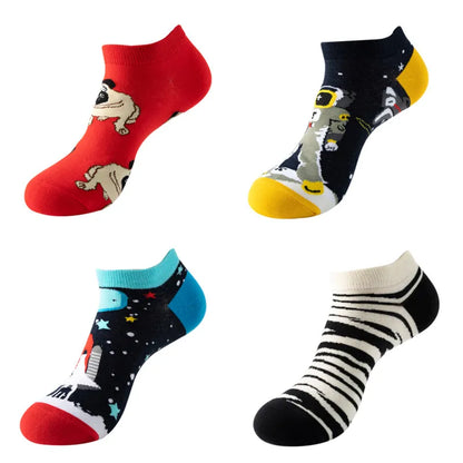 4pairs Funny animal Combed Cotton Fashion Hip Hop Man woman Oil Painting Socks Harajuku Skateboard outer space Happy love Socks